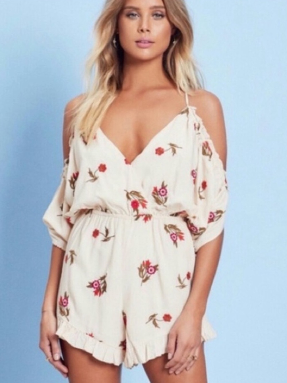Lovers + Friends Malia Cold Shoulder Romper in Nude M Medium Floral Embroidered